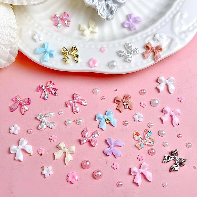 3D Bow Nail Charms Kit, Cute Pink Flowers White Flatback Pearl Charms for Nails, Gold Nail Bows Charms Nails Design for Women Manicure DIY Crafts Art Accessories