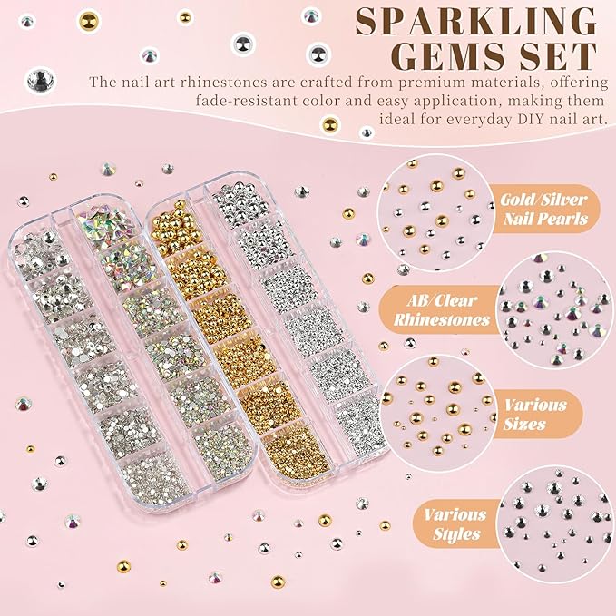 2 Boxes Sparkling Rhinestones and Pearls Kit for Acrylic Nails, 1.5-6mm Flatback Crystal AB Clear Gemstones 1.5-5mm Gold/Silver Nail Pearls for Women DIY Manicure Crafts (11-S2-Glass)