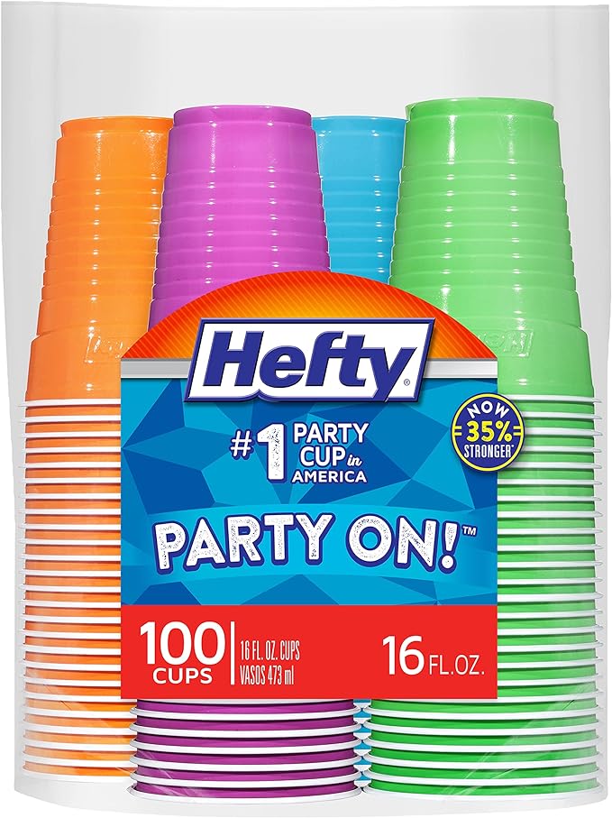 Hefty Party On Disposable Plastic Cups, 16 Ounce, Disposable Plastic Cups by Hefty