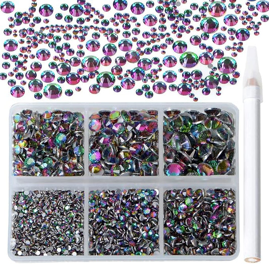 Bymitel 5000 Pieces 6 Mixed Sizes Glue Fix on Glass Rhinestones Round Crystal Gems Flatback for DIY Jewelry Making with one Picking Pen(6-Sizes 5000PCS, Green Volcanic)