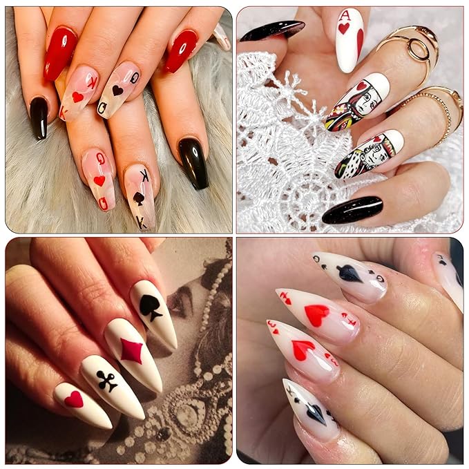 8 Sheets Poker Nail Art Stickers - Playing Card & Vegas Casino Theme Self-Adhesive 3D Nail Decals for DIY Slot Machine Winner Manicure
