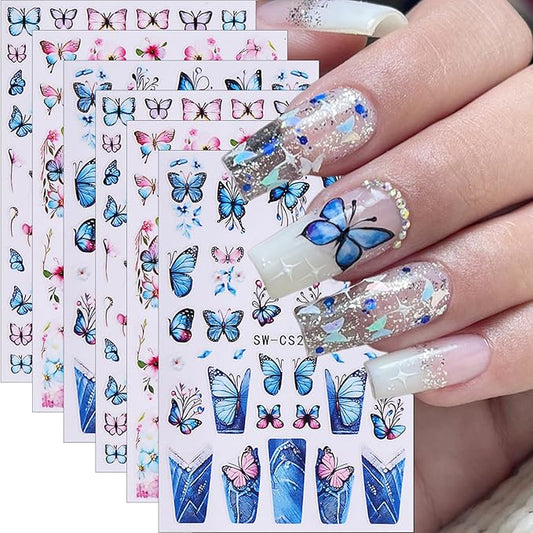 6Pcs Butterfly Nail Stickers for Nail Art Spring Flower Nail Decals French Tip Nail Art Stickers Retro Blue Pink Butterflies Floral Nail Design Supplies Cute Nail Decoration for Acrylic Nails Charm