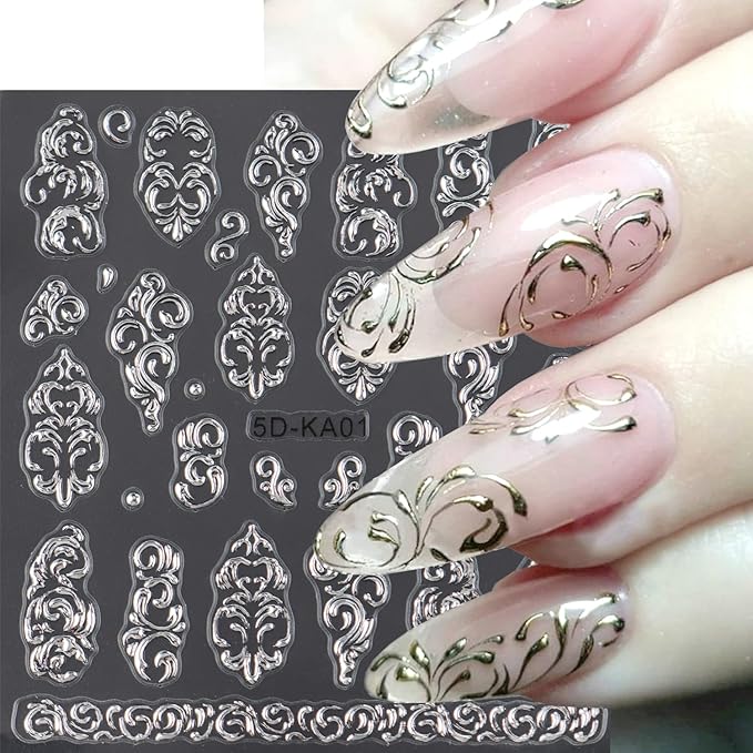 3Sheets Flower Pattern Nail Art Stickers 5D Embossed Gold Silver Flowers Vine Designs Nail Decals Self-Adhesive Rose Gold Floral Texture Nail Sticker Spring Summer Nails Supplies for Women Nails Decor