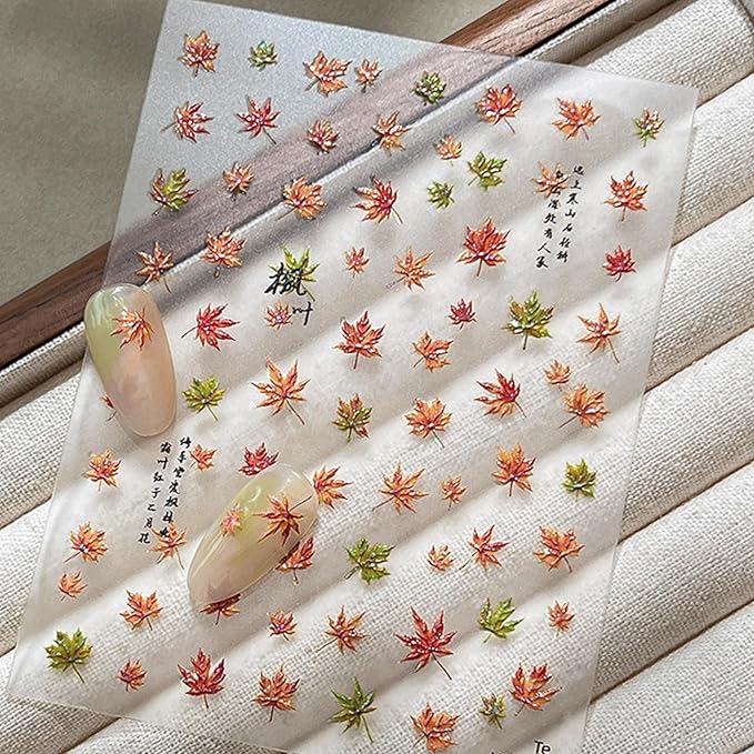 2 Sheets Thanksgiving Nail Stickers for Nails Art Autumn Maple Leaf Nail Decals 5D Self-Adhesive Red Gold White Embossed Maple Leaves Nail Supplies Fall Leaf Shiny Manicure Accessories for Women DIY