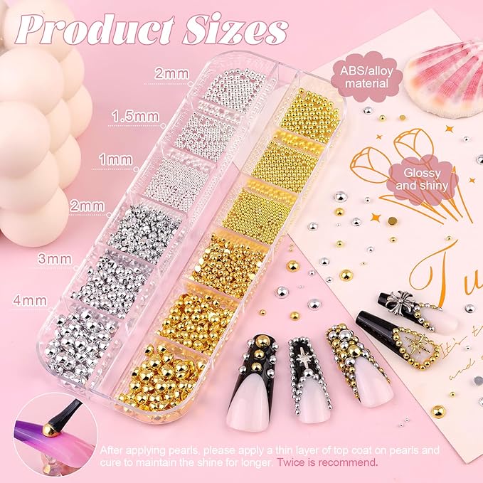 10000Pcs Nail Rhinestones and Charms for Nail Art, Flatback Nail Pearls and Caviar Nail Beads(Silver+Gold), Colorful Rhinestones Bedazzling Gems Kit Nail Gems Pearl Nail Charms for Manicure Decor