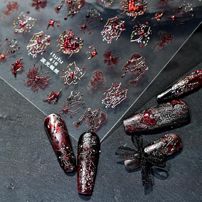 1 Sheets Halloween Nail Stickers for Nail Art 3D Self -Adhesive Spider Web Spider Nail Art Sticker Red Blood Drop Butterfly Heart Designs Stickers Horror Gothic Nail Decal for Women DIY Nail Salon