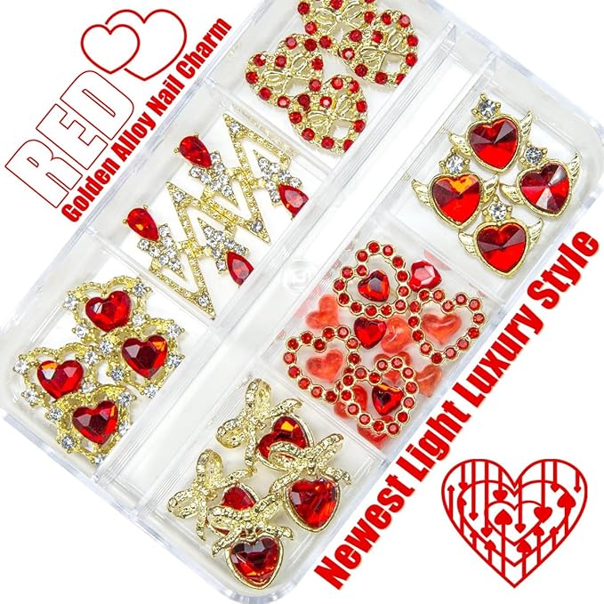 36pcs Red Heart Nail Charms Golden Luxury Alloy Valentine Charms for Nails 3D Red Nail Art Rhinestones Gems Gold Crystal Diamonds Jewelry Stones Studs Charms Supplies for Nails Face Eyes Makeup