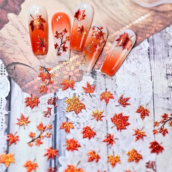 1 Sheets Fall Nail Stickers for Nail Art 5D Embossed Thanksgiving Nail Art Stickers Red Shiny Maple Leaf Nail Decals Self-Adhesive Autumn Holiday Nail Designs for Women Manicure Decoration Supplies