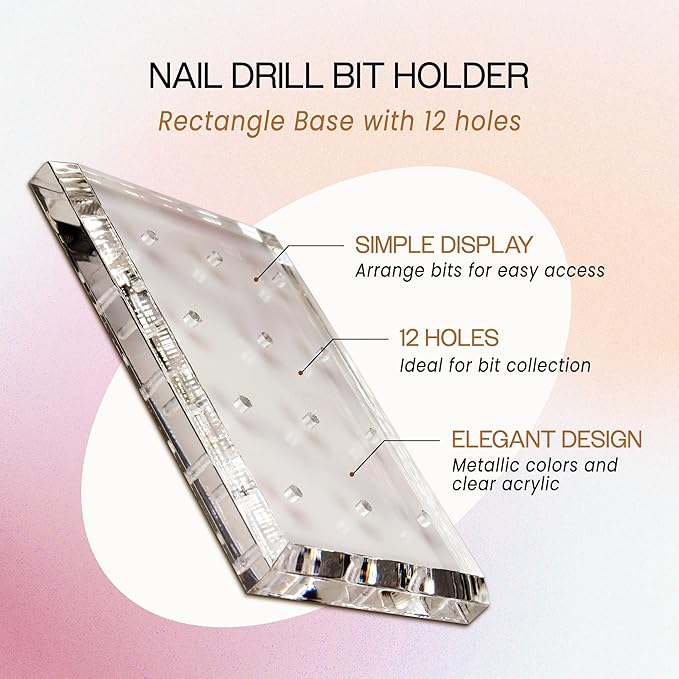 PANA Rectangle Transparent Acrylic Nail Drill Bit Holder Display Organizer Stand - Carbide Bit Storage Mount For Manicure Tools Nail Salon - 12 Holes Clear (Drill Bits Not Included)