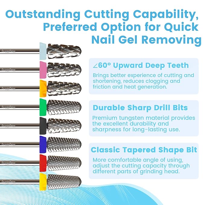 Super Cut Tapered Barrel 3/32'' Safety Tungsten Nail Drill Bits, Remove Gel Fast, Right handed, Suitable for Manicure Pedicure Cuticle Gel Polishing, Technicians Bits, Grit: Double Coarse.