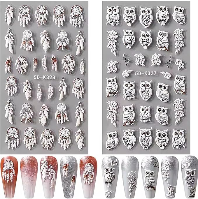 2Sheets Cute Owl Nail Art Stickers 5D Embossed Feather Dreamcatcher Designs Nail Decals Self-Adhesive White Owl Rose Flower Nail Sticker Autumn Winter Nails Supplies for Women DIY Manicure Decor