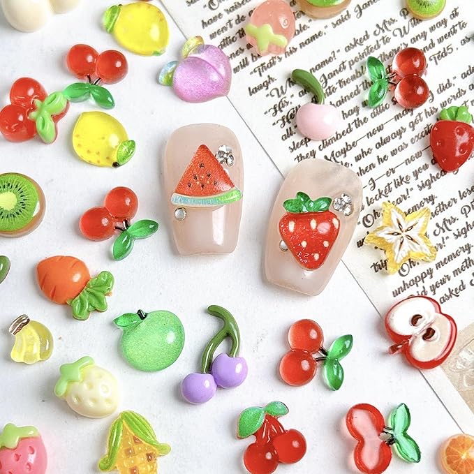 100PCS Resin Fruit Nail Art Charms 3D Kawaii Strawberry Nail Charms Assorted Cherry Lemon Grapes Peach Banana Watermelon Summer Flatback Nail Rhinestones for DIY Craft Nail Art Decoration