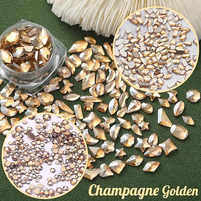 4080Pcs Gold Nail Rhinestones, More Quantity 1.5-4mm Mini Flatback K9 Glass Crystal & 3D Multi Shapes Gems, Champagne Gold Gems Round Stones Diamonds jewels Gemstones for Nail Face Eyes Makeup