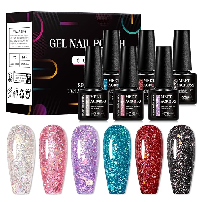 MEET ACROSS Gel Nail Polish Set 6 Pcs Glitter Colors Gel Nail Kit Art Design Soak Off UV LED (SET-3, 6pcs)