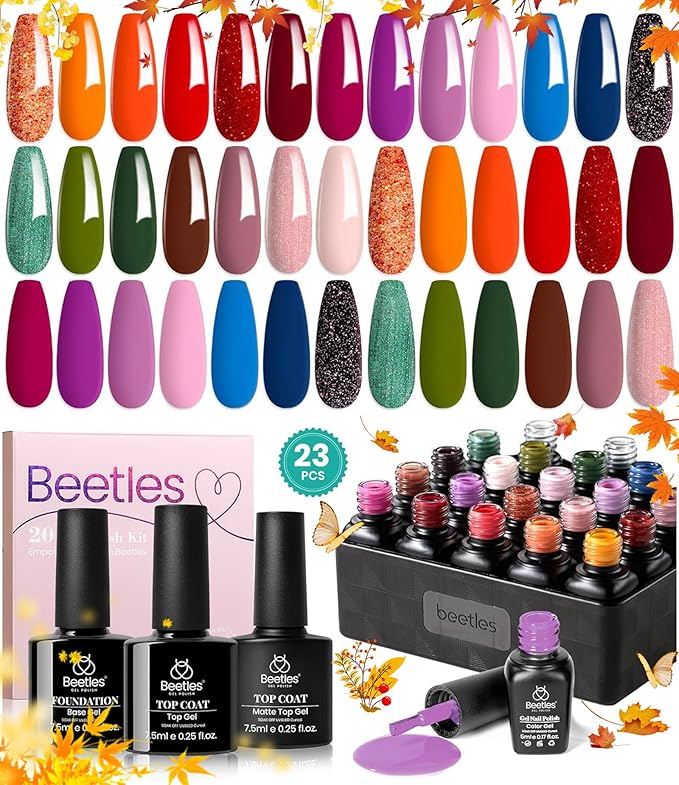 Beetles Fall Gel Nail Polish Set - Fall Yard Gel Polish Kit, 20 Color Orange Burgundy Red Navy Blue Glitter, Soak Off LED UV with Base Top Coat Nail Art Manicure Gift for Women
