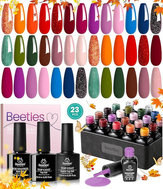 Beetles Fall Gel Nail Polish Set - Fall Yard Gel Polish Kit, 20 Color Orange Burgundy Red Navy Blue Glitter, Soak Off LED UV with Base Top Coat Nail Art Manicure Gift for Women