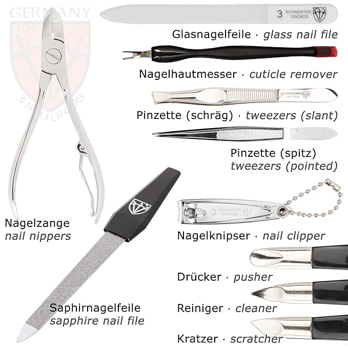 3 Swords Germany – Brand Quality 12 Piece Manicure Pedicure Grooming kit Set for Professional Finger & Toe Nail Care with Black Genuine Leather case - Made in Germany