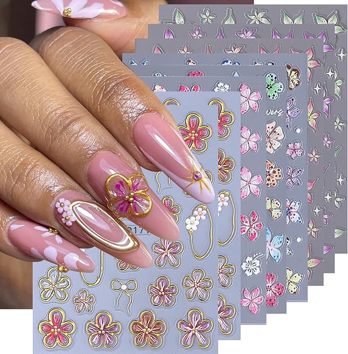 5D Flower Nail Stickers Decals 8PCS Hawaii Hibiscus Nails Art Designs Self Adhesive Embossed Tropical Floral Petals Charms Vacation Stickers Decoration for Women Nail Supplies