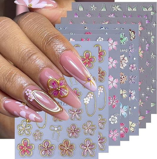 5D Flower Nail Stickers Decals 8PCS Hawaii Hibiscus Nails Art Designs Self Adhesive Embossed Tropical Floral Petals Charms Vacation Stickers Decoration for Women Nail Supplies