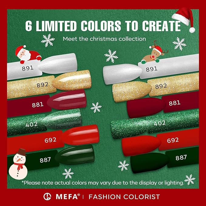 MEFA Christmas Gel Nail Polish Set, 6 Colors Burgundy Red Dark Green Glitter Gel Polish Silver Gold Sparkle Nail Polish Manicure Soak Off Salon Gifts for Women Girl