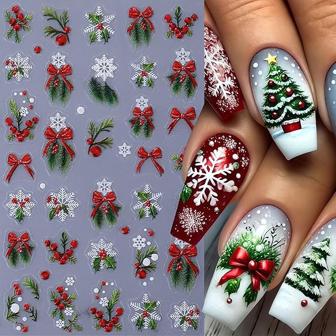 4 Sheets Green Christmas Nail Art Stickers 5D Micro Relief Holly Leaf Bow Nail Decals Winter Xmas Red Bow Holly Nail Stickers White Snowflake Nail Supplies for Women Holiday New Year Charms Nail Decor
