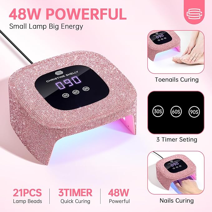48W UV Light for Nails,Mini UV LED Nail Lamp with 3 Timer Settings, Auto Sensor, Fast Curing for Gel Nails,Nail Dryer Sparkly Gel Nail LCD Display Home Use DIY (Pink Diamond)