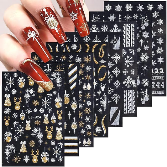 8 Sheets Christmas Nail Art Stickers - 3D Self-Adhesive Gold Glitter Snowflake Xmas Trees & White Reindeer Nail Decals - Winter Holiday DIY Kit