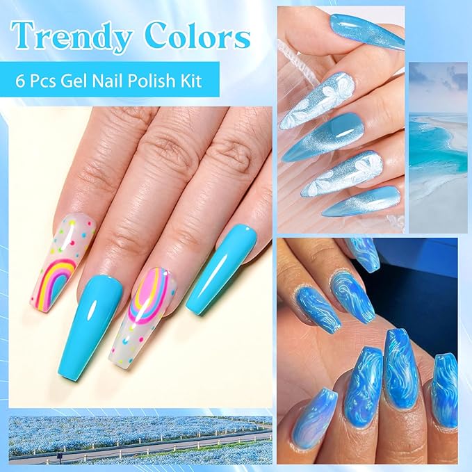 MEET ACROSS Gel Nail Polish Set 6 Pcs Glitter Colors Gel Nail Kit Art Design Soak Off UV LED (SET-10, 6pcs)