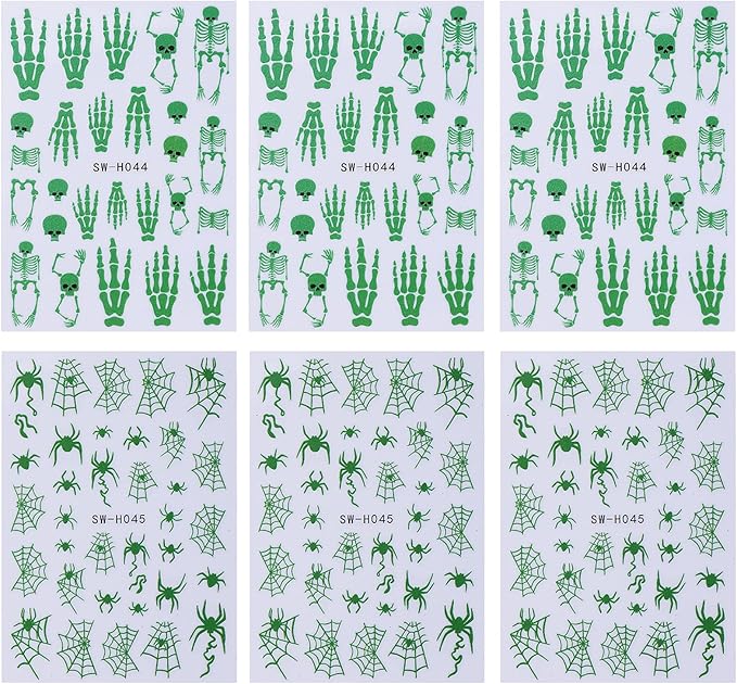 Glow in The Dark Nail Art Stickers Halloween Skull Nail Decals 6PCS Spider Web Skeleton Nails Design 3D Self-Adhesive Nail Art Supplies Halloween Stickers for Nails Luminous for Women DIY Manicure