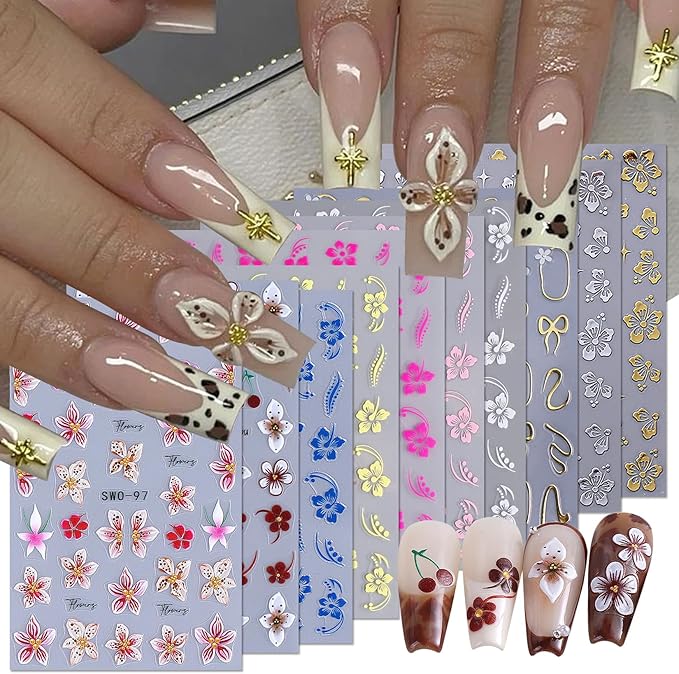 Flower Fall Stickers for Nails 10 PCS Brown Hibiscus Nail Art Decals 3/5D Self-Adhesive Pink Blue White Flowers Stickers Beach Autumn Nail Design DIY Charms Manicure Decoration Nail Supplies