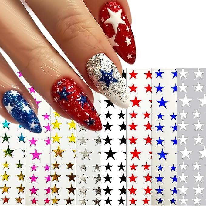 8 Sheets Glitter Stars Nail Art Stickers 3D Self Adhesive Shiny Glitters Starlight Nail Decals Holographic Black White Gold and Silver Pentagram Design Decal for Woman DIY Manicure Decoration