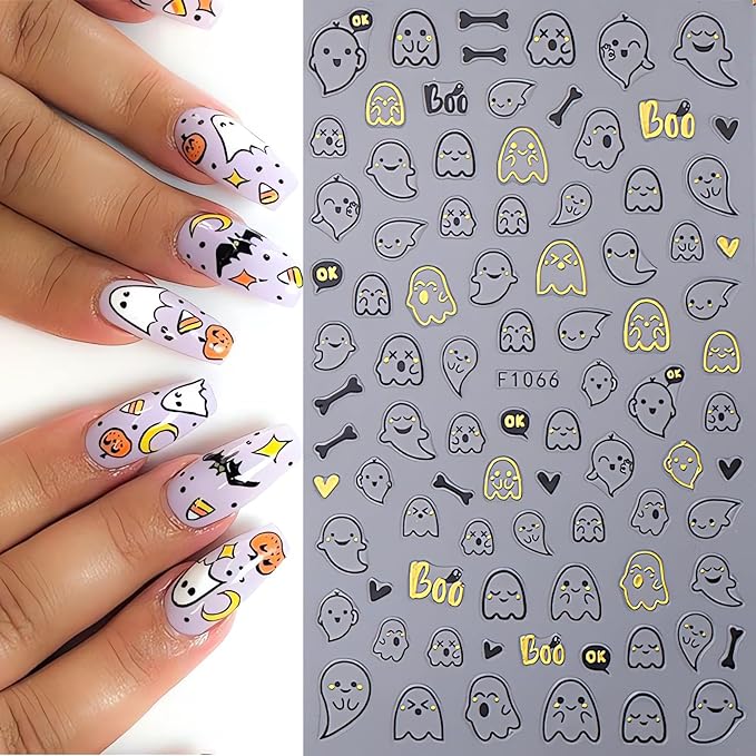 4Pcs Halloween Nail Stickers Gold Spider Nail Decals Self Adhesive Black Cobweb Spider Web Ghost Nail Design Halloween Nail Decoration Supplies Holiday Manicure Accessories for Women