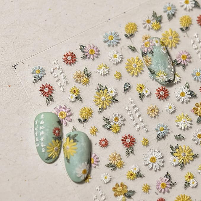 Colorful Daisy Nail Art Stickers 5D Embossed Daisy Nail Stickers Self Adhesive Cute Flower Nails Decals White Floral Design Sticker Spring Summer Nails Supplies for Women DIY Manicure