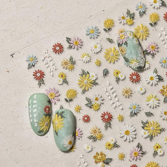 Colorful Daisy Nail Art Stickers 5D Embossed Daisy Nail Stickers Self Adhesive Cute Flower Nails Decals White Floral Design Sticker Spring Summer Nails Supplies for Women DIY Manicure