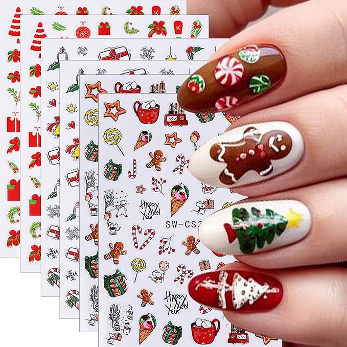 6Pcs Christmas Nail Stickers 3D Self Adhesive Xmas Tree Nails Decals Santa Claus Snowman Socks Snowflake Nails Design Sticker Winter Christmas Nail Art Stickers for Women Holiday Manicure Decor
