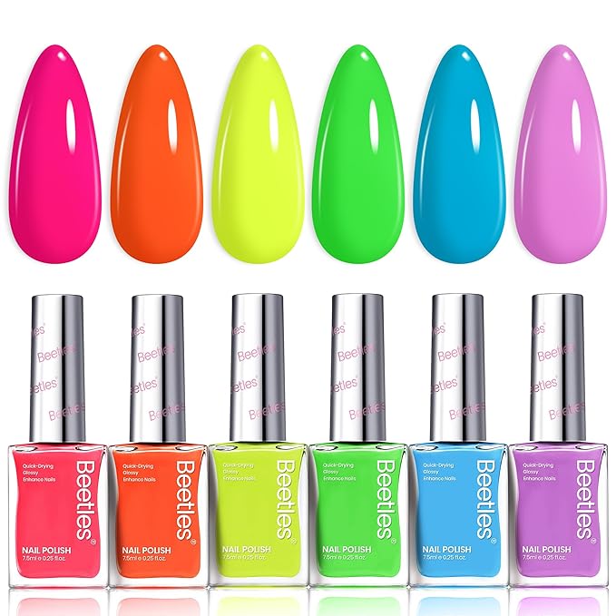 Beetles Neon Nail polish Set, 6 Colors Bright Rainbow Nail Polish Kit Quick Dry Finger Nail Polish Glossy Shine Nail Lacquer Polish Long Lasting Neon Party Gifts for Women