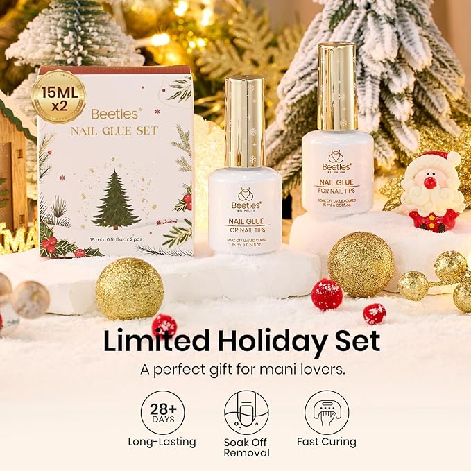 Beetles 9 In 1 Gel Nail Glue Kit, 2Pcs 15ml Christmas UV Nail Glue for Acrylic Nail Tips, Super Strong Brush for Base Coat, Christmas Gift for Women, UV LED Light Required