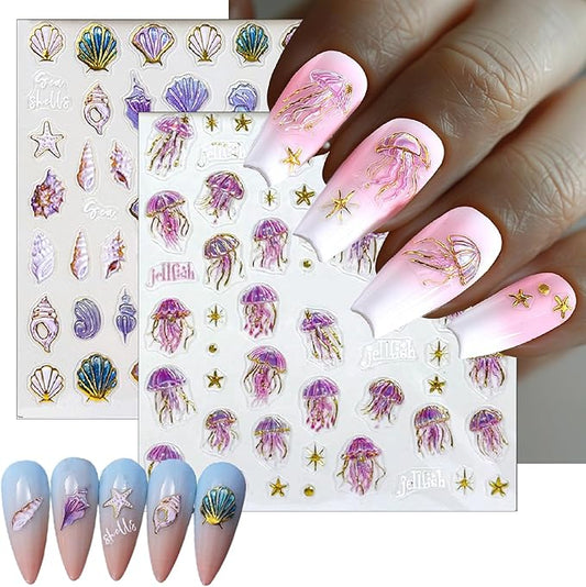 2 Sheets Summer Nail Art Stickers 5D Embossed Beach Shell Starfish Cute Dolphin Mermaid Pearl Jellyfish Designs Self Adhesive Nails Supplies Blue Summer Sea Theme Manicure Decorations for Women