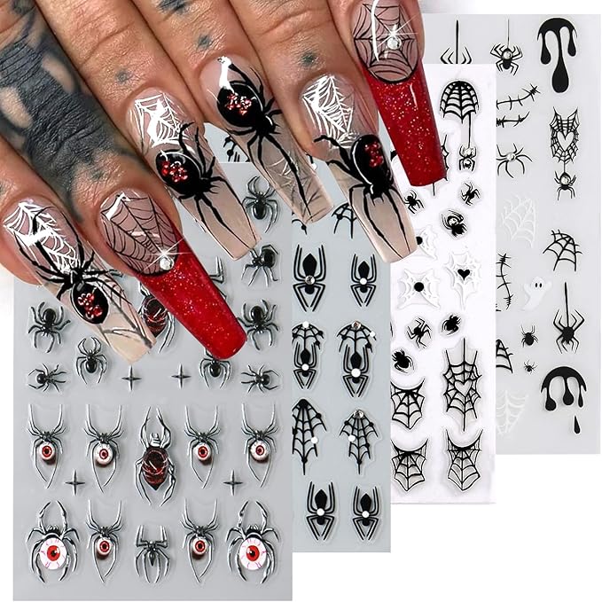 4 Sheets Halloween 5D Embossed Spider Nail Stickers for Nail Art Exquisite Glitter Rhinestones Nail Design Stickers Self-Adhesive Evil Eye Nail Decals Holiday Nail Art Decoration for Women DIY Set