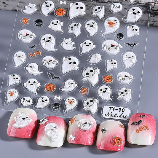 1 Sheets 5d Embossed Ghost Nail Decals for Nail Art Self-Adhesive Scary Halloween Nail Stickers Cute Pumpkin Nail Art Stickers Horror Bat Skull Nail Design Decals for Women Holiday Nails Decorations