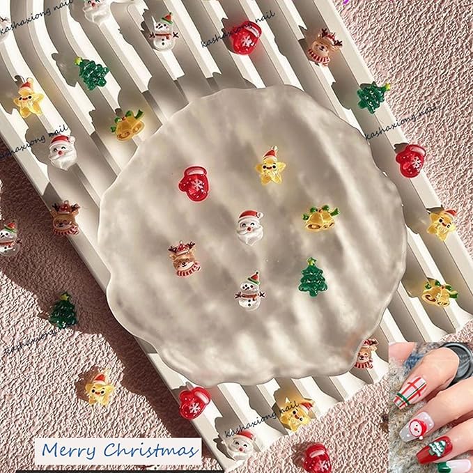 100Pcs Christmas Nail Charms 3D Muti Shape Flat Craft Resin Nail Art Charms Xmas Tree Reindeer Santa Claus Nail Art Rhinestones Snowman Bell Cute Winter Nail Supplies for Craft Making Ornament DIY
