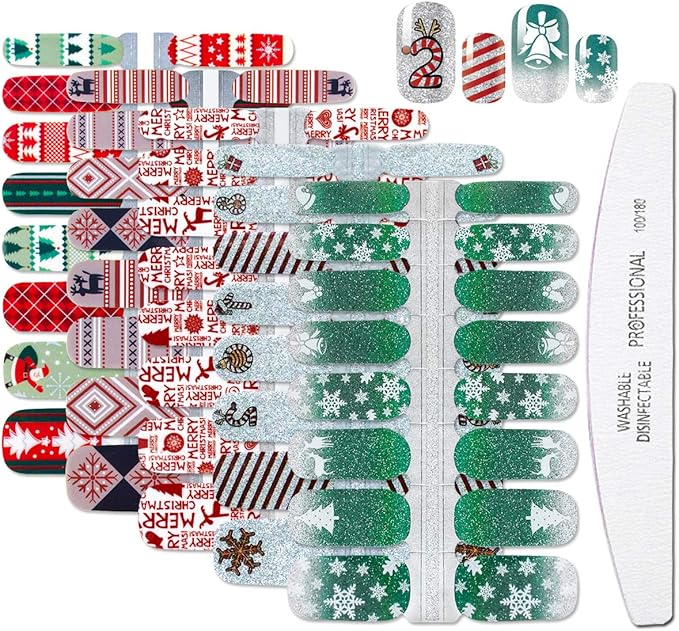 WOKOTO 5 Sheets Christmas Adhesive Nail Art Polish Stickers Tips with 1Pc Nail File Snow Winter Nail Wraps Decals Manicure Accessories