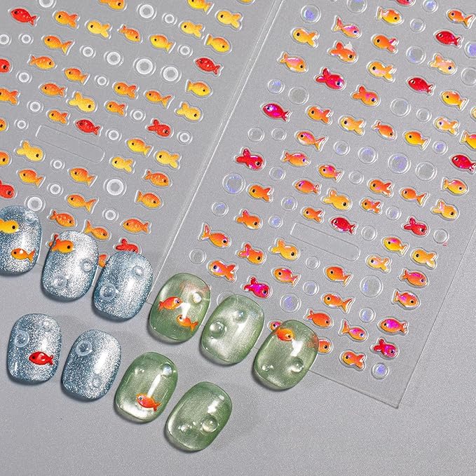 2 Sheets Red Fish Nail Art Stickers, 5D Embossed Jelly Bubble Goldfish Nail Decals Self Adhesive Koi Fish Design Manicure Sticker for Women Girls Summe Nail Accessories