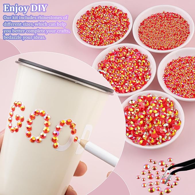 30000Pcs Resin Rhinestones for Bedazzling with Tweezers, Red AB Rhinestones for Crafting with B7000 Jewelry Glue for DIY Crafts Clothing Tumblers Shoes Fabric Nail Art