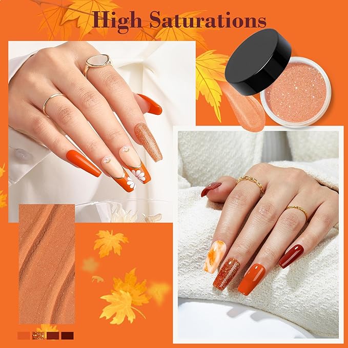 AZUREBEAUTY Dip Powder Nail Kit Starter, Orange Brown Glitter, 4 Fall Pumpkin Maple Dark Colors Set, French Halloween Nail Art Base Top Coat Activator Essential Liquid Manicure DIY Salon 12 PCS