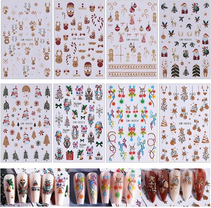 Christmas Nail Art Stickers Decals 3D Elk Christmas Tree Snowman Santa Claus Snowflakes Self-Adhesive Nail Decals Supply Xmas Nail Stickers for Women DIY Winter Holiday Nails Decoration 8 Sheets