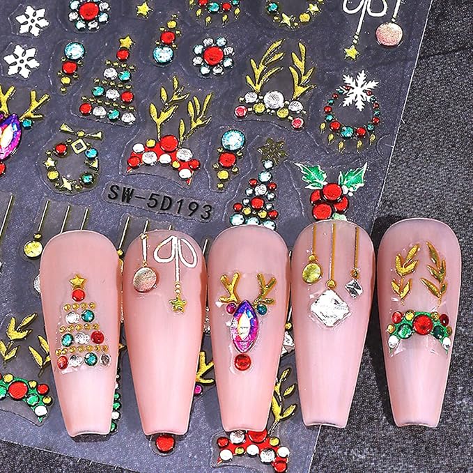Christmas Nail Art Stickers 5D Embossed Nail Decals with Xmas Tree Light Antler Bow Rhinestones Design Glitter Nail Stickers Acrylic Nail Supplies for Women DIY Christmas Decorations 2 Sheets