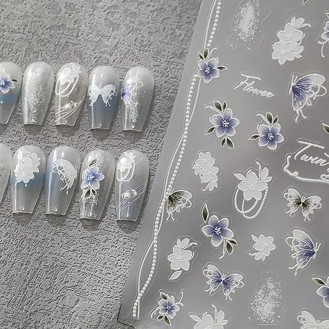 Flower Nail Stickers 5D Embossed Nail Art Stickers Decals Self-Adhesive Butterfly Floral Nail Supplies Spring Nail Art Design Decoration Accessories(1, Flower Butterfly)