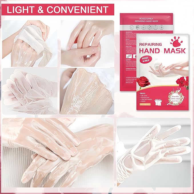 Roses & Milk Hand Repair Gloves, 5 Pairs Hydrating Hand Masks for Dry Cracked Hands, Moisturizing & Softening Gloves for Women & Men, Nourishing Hand Spa Treatment