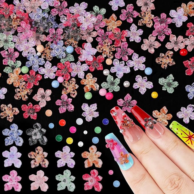 300Pcs Flower Nail Charms Kit, 100Pcs 3D Jelly Mini Hawaii Flowers Charms and 100Pcs Nail Pearls with 100Pcs Macaron Beads, Colorful Hibiscus Floral Tiny Gems Round Beads for Nails Design
